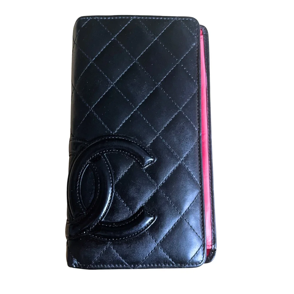 Chanel Wallet Cambon Black Leather w/ Pink Interior CC Long Entrupy Certificate